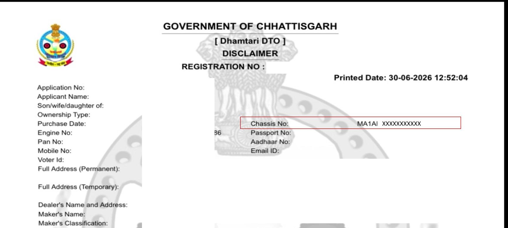 Sample RC document showing Chassis Number location
